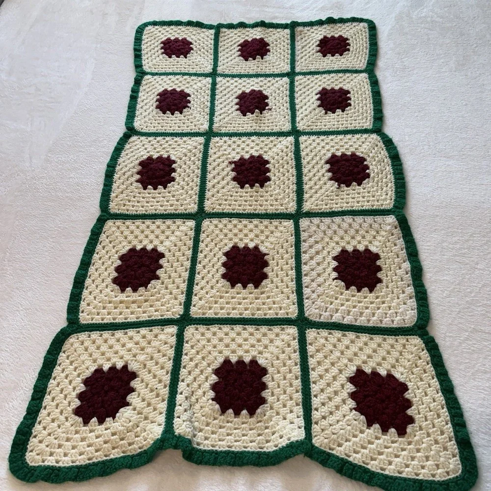 Hand Crocheted Granny‎ Rectangle Throw Afghan  Blanket 56 X 30 Red Green Ivory